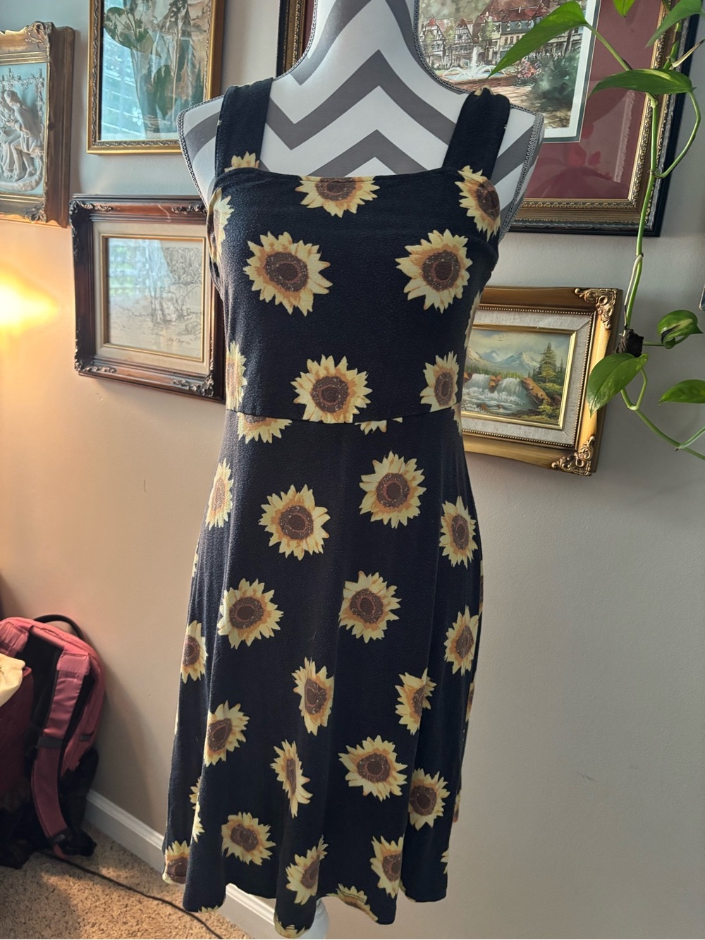 Black Midi Dress with Yellow Sunflower Print